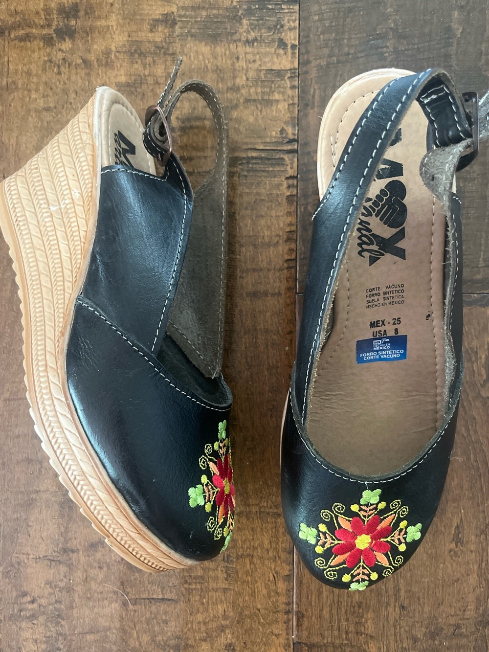 Handcrafted Mexican black leather artisanal huarache floral embroidered wedges